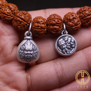 原创99足银硬银黄财神扎基拉姆侧挂卡子吊坠菩提手串长串文玩配饰