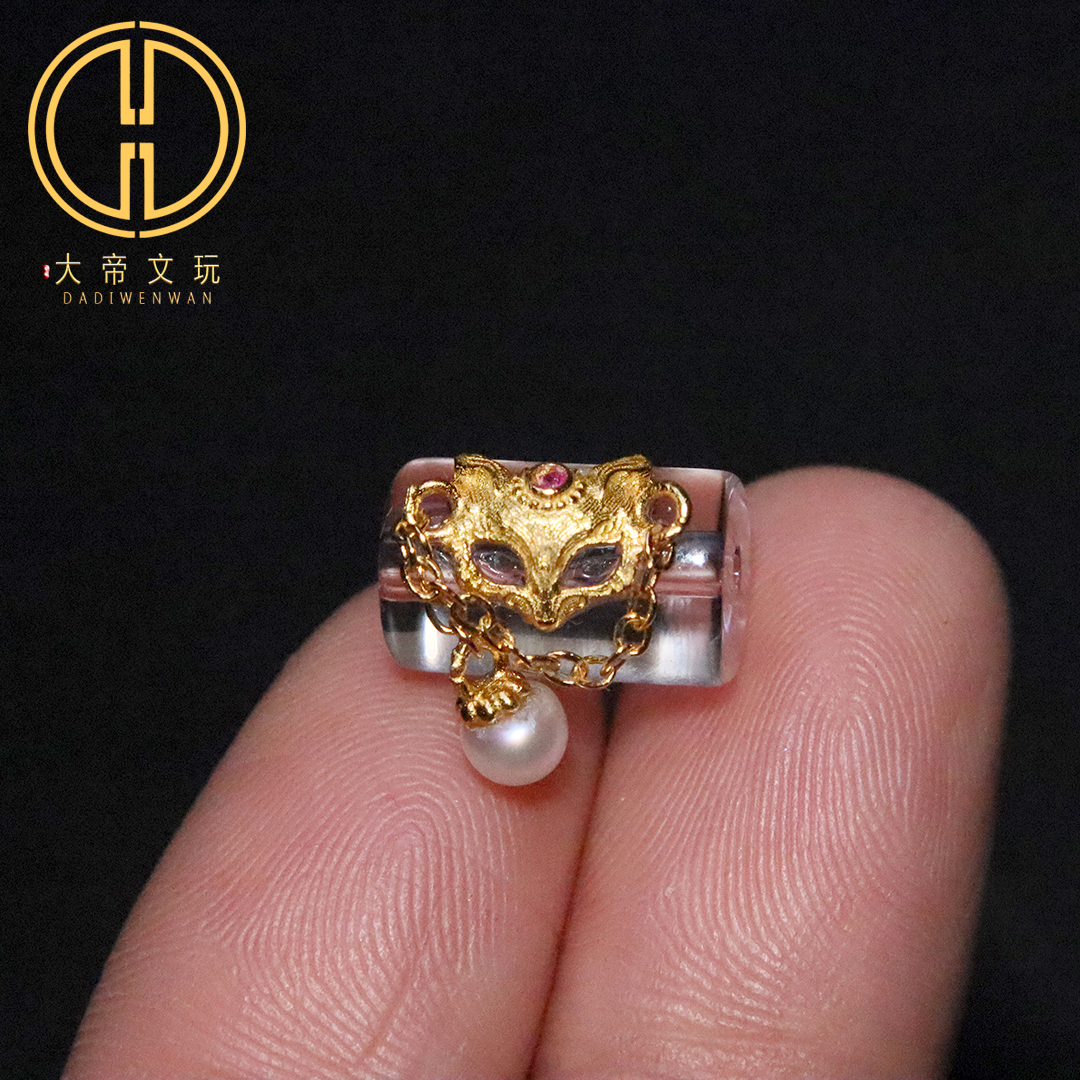 纯银s925银镀金天然白水晶镶嵌狐狸面具桶珠隔珠手串编绳文玩配饰