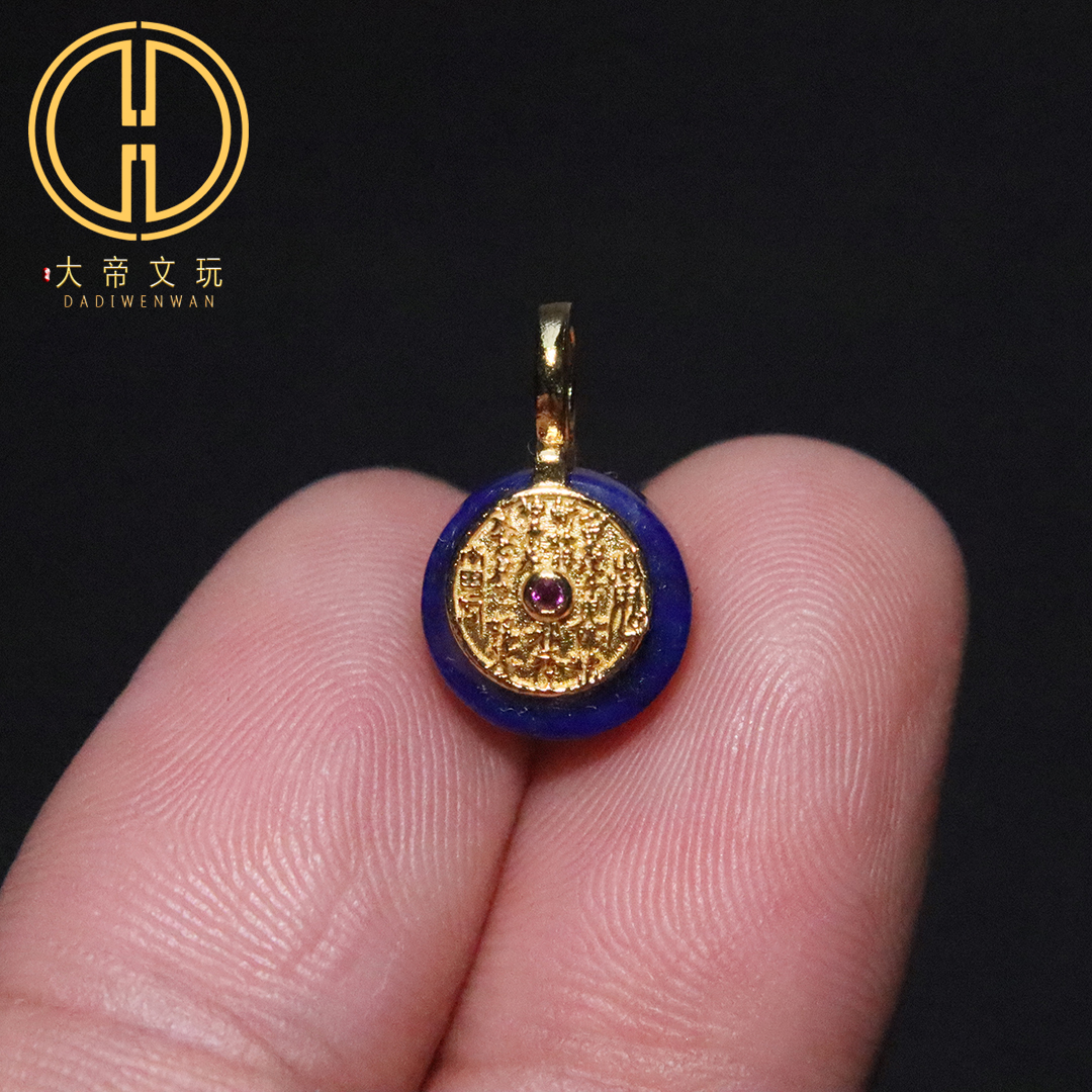 天然青金石镶嵌s925纯银镀金山鬼花钱吊坠侧挂提溜手串文玩配饰