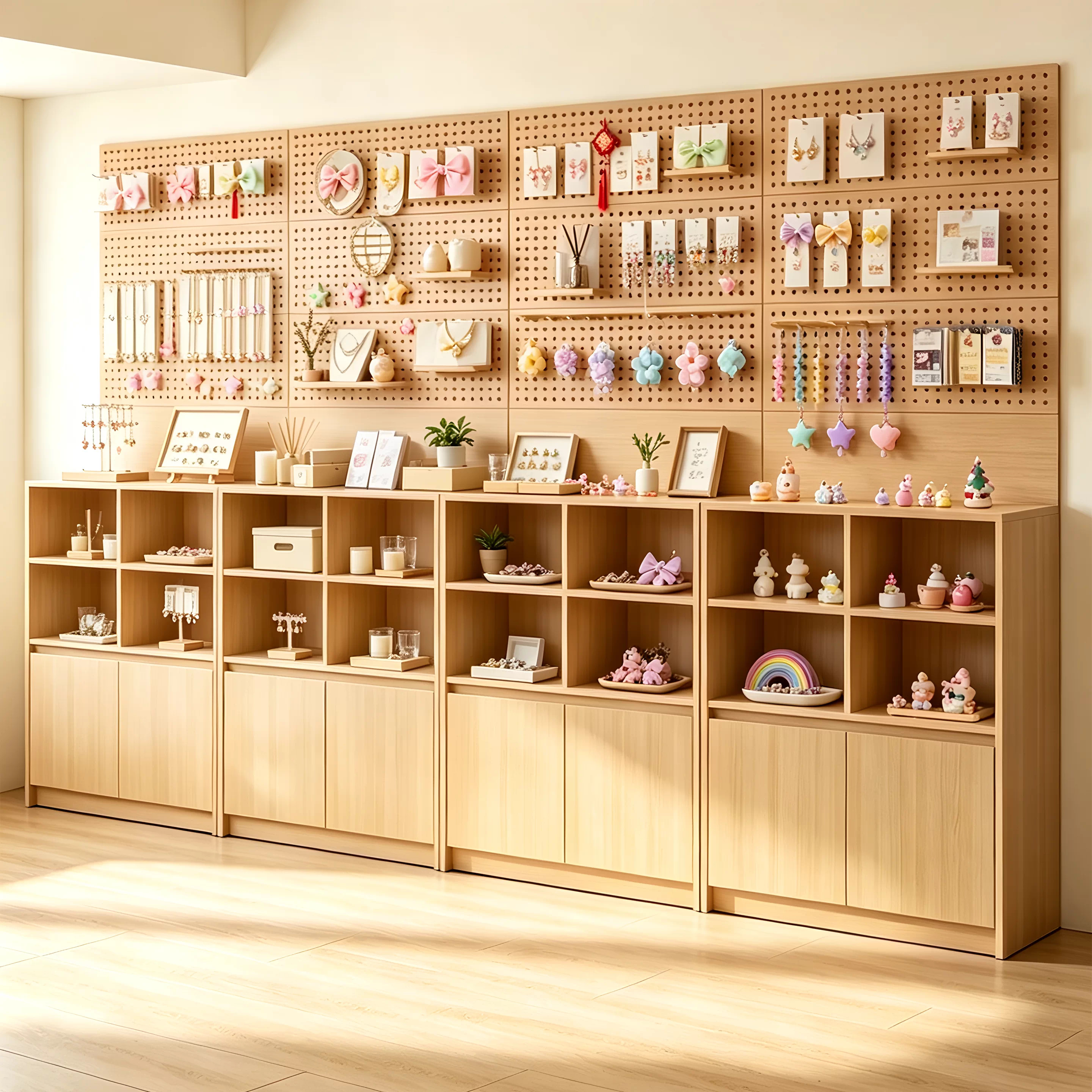 原木风文创店洞洞板展示柜产品陈列展示架文具挂件展示台置物货架