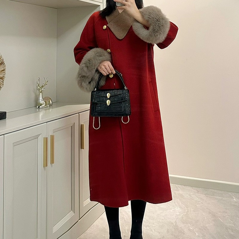 2024秋冬狐狸毛长款毛呢外套女圣诞节手工双面呢呢子大衣冬