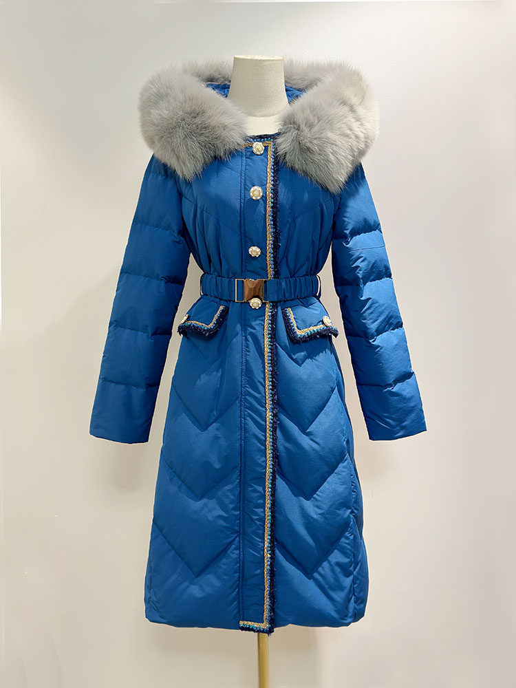复古聚酯纤维中长款狐狸毛领羽绒