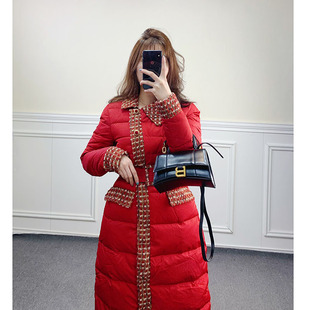 羽绒服 过膝修身 2022 复古红色针织拼接外套女冬中长款