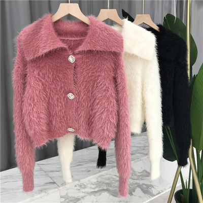 慵懒短款秋冬季貂绒大翻领毛衣