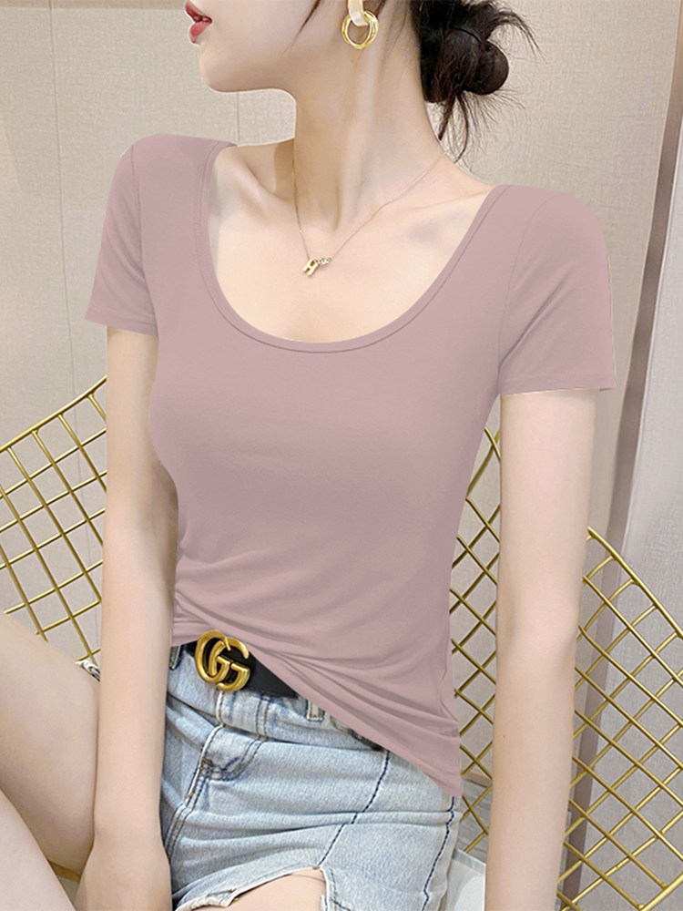 粉色u领低领莫代尔短袖t恤女夏2025新款冰丝薄款面膜修身半袖T恤
