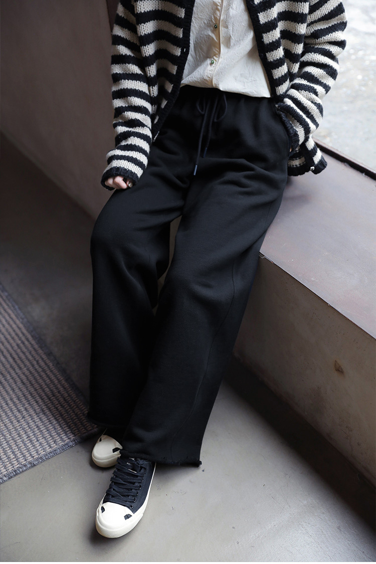 2026春秋款宽松檀紫色厚实毛圈布松紧腰针织休闲卫裤直筒裤女