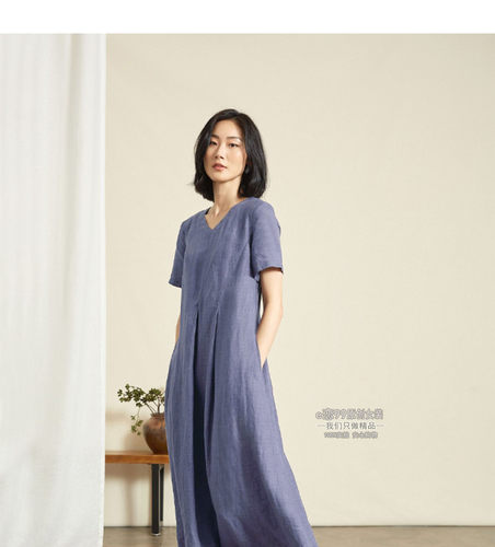 文艺亚麻夏季大码V领显瘦连衣裙