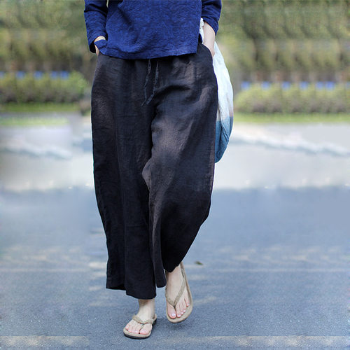 100%亚麻大码垂感显瘦休闲阔腿裤