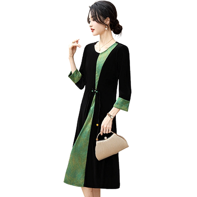 中年妈妈金丝绒撞色连衣裙子