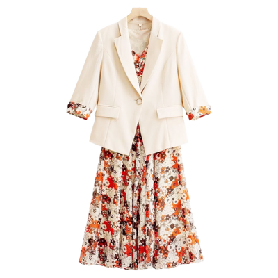 中年妈妈装洋气碎花连衣裙两件套