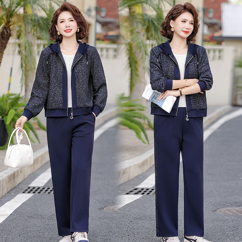 贵夫人妈妈时尚洋气连帽运动服两件套女2026春秋装新款中老年套装