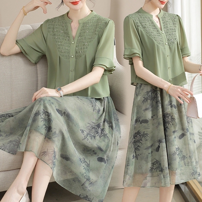 中年妈妈半开领短袖雪纺连衣裙