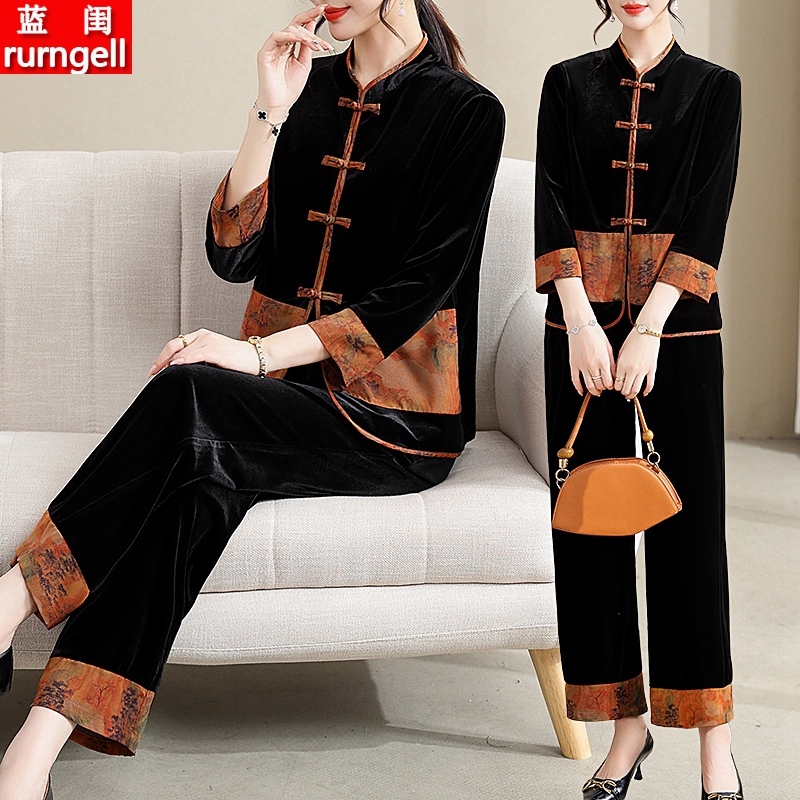 中年妈妈民族风金丝绒两件套装
