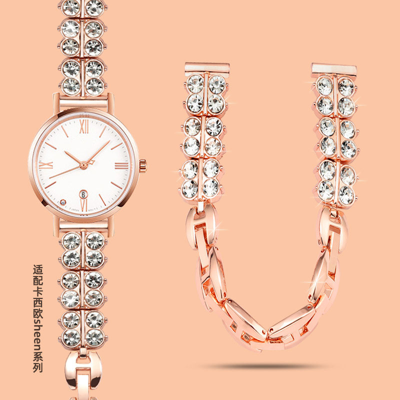 适配卡西欧手表带钢带女士SHEEN系列SHE-4540/4539镶钻钢表链14mm