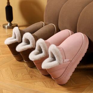 冬季棉拖鞋男防水皮面室外防滑加绒加厚低情侣包跟居家保暖鞋女款