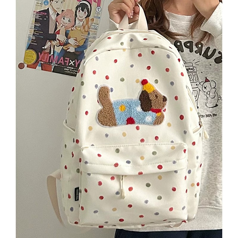 书包ins小众柔软双肩包学院风波点加宽肩带小学生书包大容量背包