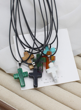 天然石水晶十字架吊坠项链男女情侣礼物时尚百搭皮绳锁骨链毛衣链
