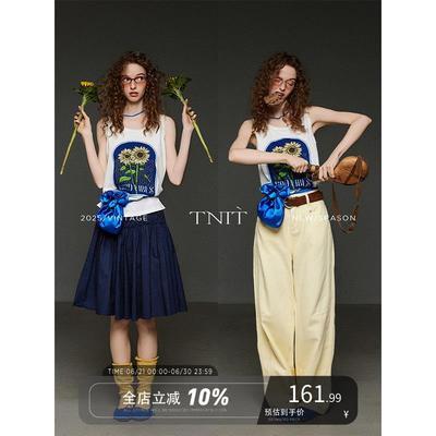 TNIT 蕾丝花边领向日葵印花背心女夏季设计感小众外穿无袖t恤上衣