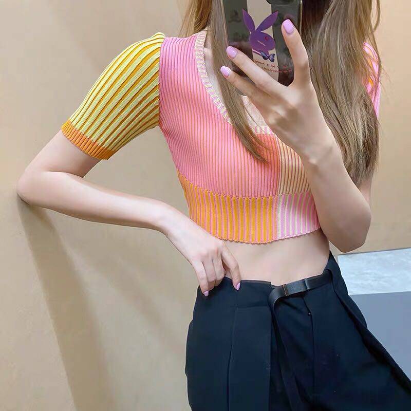 春夏新款韩版甜美拼色套头修身毛针织衫短袖法式竖条纹上衣女
