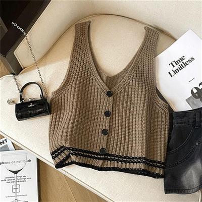 韩版小个子v领撞色针织马甲开衫女宽松短款春秋叠穿无袖背心上衣