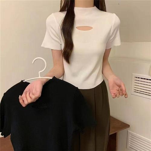 立领镂空设计短袖T恤针织夏季新款打底修身气质显瘦短款针织上衣