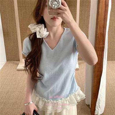 芭蕾风淑女蕾丝浅蓝色花边短袖T恤女夏季新款修身显瘦裙摆小上衣
