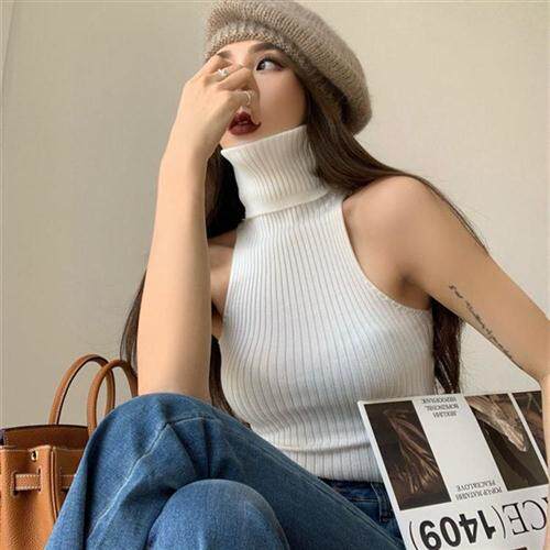 甜酷风简约性冷淡无袖针织吊带新款修身欧美街头辣妹高领背心上衣