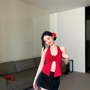 个性辣妹张扬红色新款开叉性感露背夏季针织吊带背心立体花朵上衣