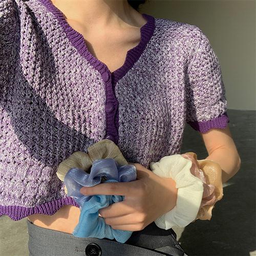 木耳边针织小衫女短款春夏新款镂空修身薄款紫色短袖衫#