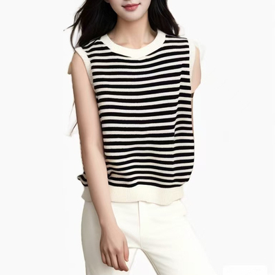 女装圆领冰丝吊带背心女夏季洋气条纹打底衫无袖坎肩针织上衣