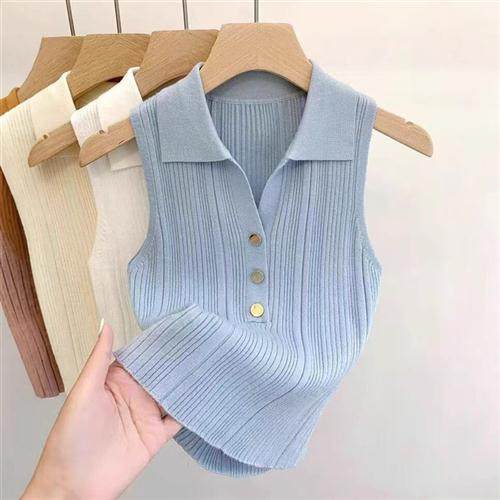 夏季新款针织亲肤韩系通勤甜美小个子小吊带背心女无袖翻领上衣