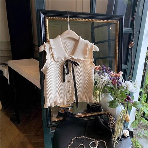 夏季小香风荷叶边浅色针织无袖背心气质短款小众设计感小翻领上衣