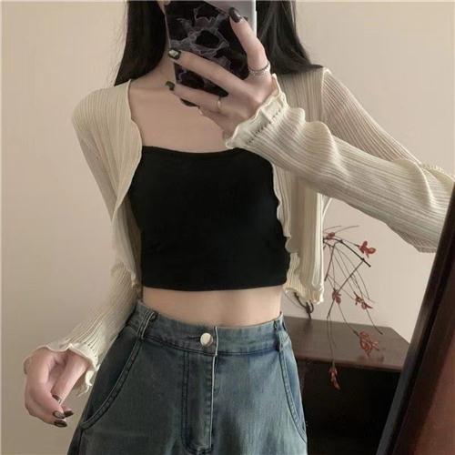 韩版木耳边竖条纹甜美长袖开衫小衫女修身显瘦薄款针织披肩短上衣