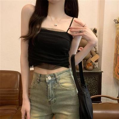 马卡龙色设计感小众吊带背心夏季新款打底甜辣纱网上衣短款