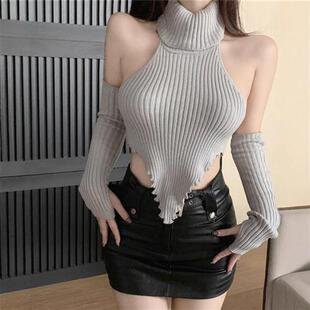 网红主播dj上镜服装辣妹不规则露肩性感高领纯欲新款毛衣针织上衣