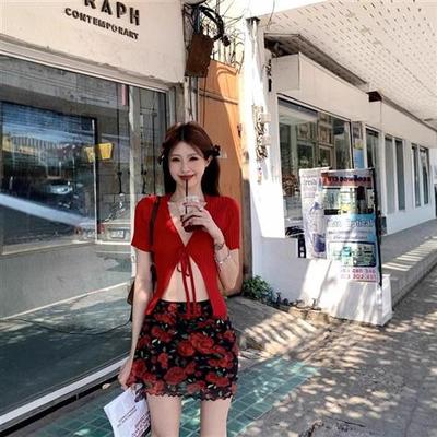 复古辣妹短款系带短袖针织开衫夏季新款红色亮眼吸睛设计修身上衣