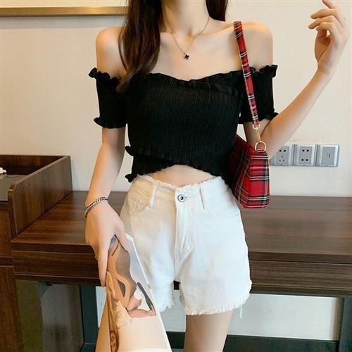 一字肩短袖针织衫薄款女夏季年新款韩版修身短款套头打底上衣