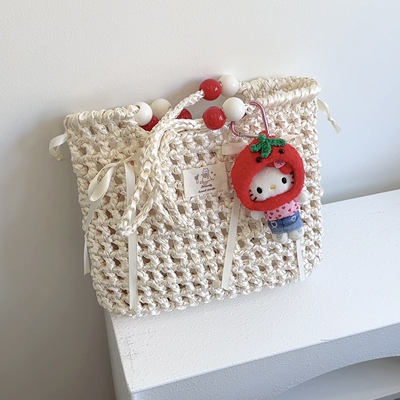 Stuuuly手工 镂空串珠包柔光缎纱大容量单肩沙滩钩针编织diy材料