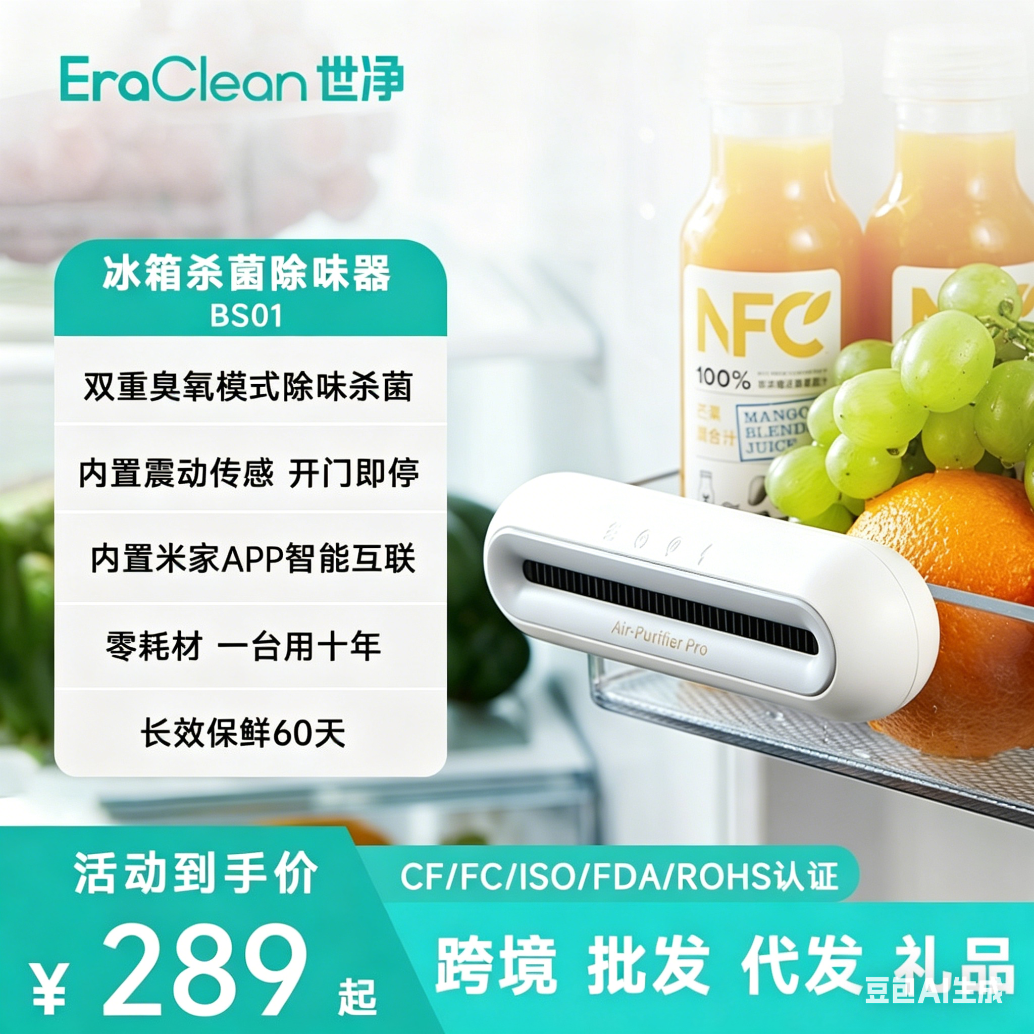 EraClean世净BS01冰箱除味器臭氧发生器负离子带APP款冰箱除味器