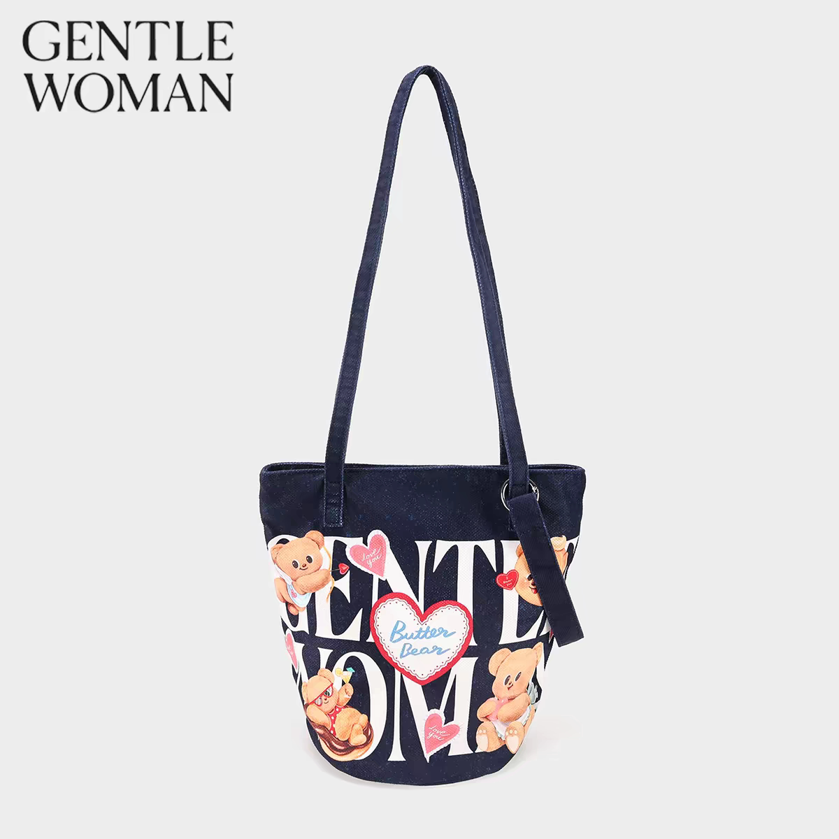 GentleWoman品牌折扣店黄油小熊帆布水桶包女卡通学生通勤斜挎包