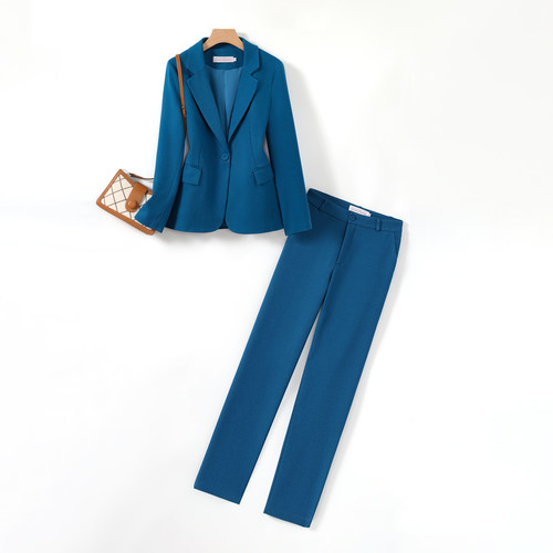 孔雀蓝职业套装女秋冬2025修身面试正装高级感工作服西装套装外套
