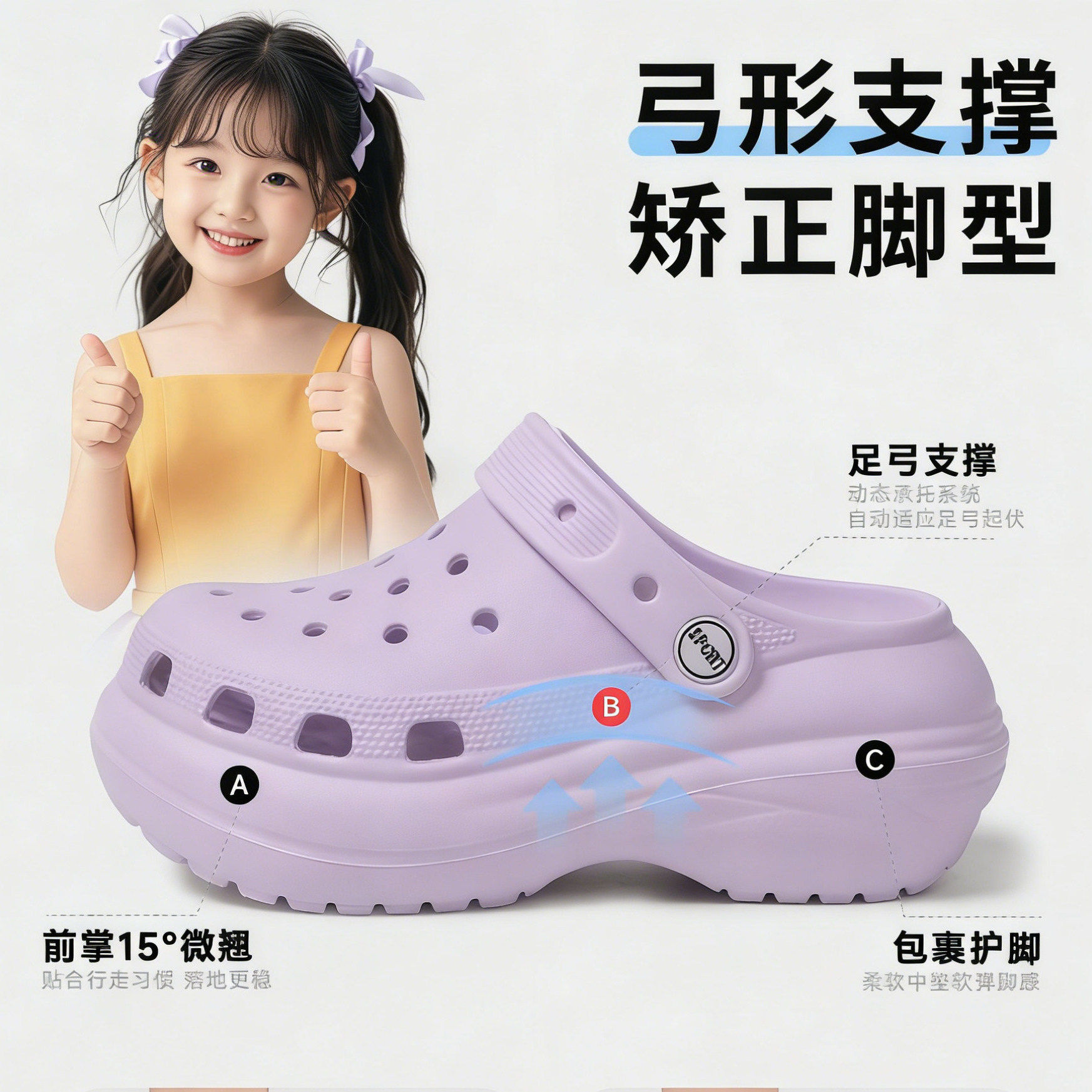 儿童带足弓支撑的洞洞鞋外穿专用女孩扁平足防滑软底凉拖鞋2026M图片