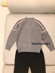 贝妮祺儿童男孩V字领针织开衫蓝色灰色单排扣毛衣外套秋冬新款