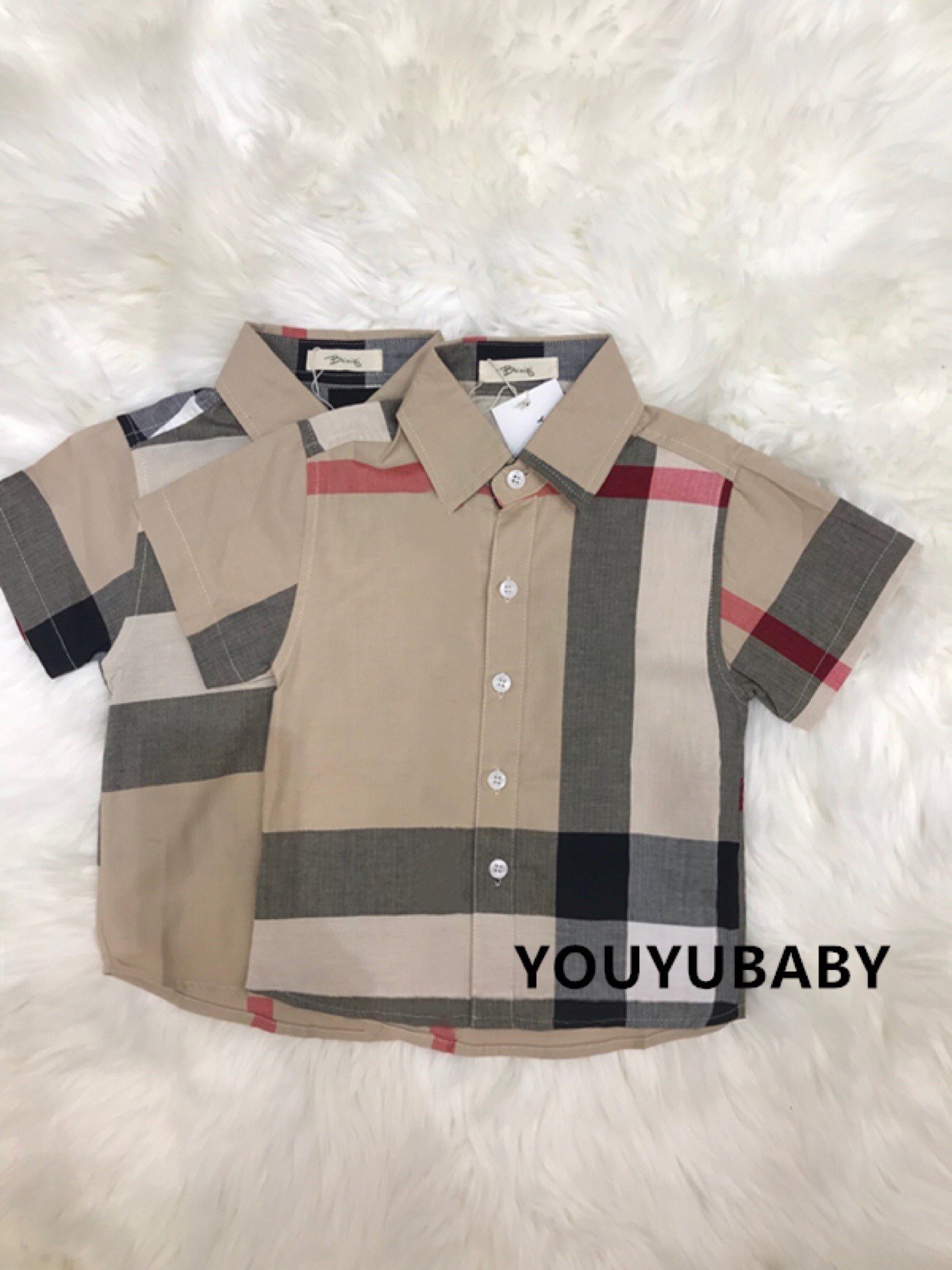 贝妮琪儿童男孩欧美英伦学院风不规则大格子短袖纯棉衬衫夏季新款