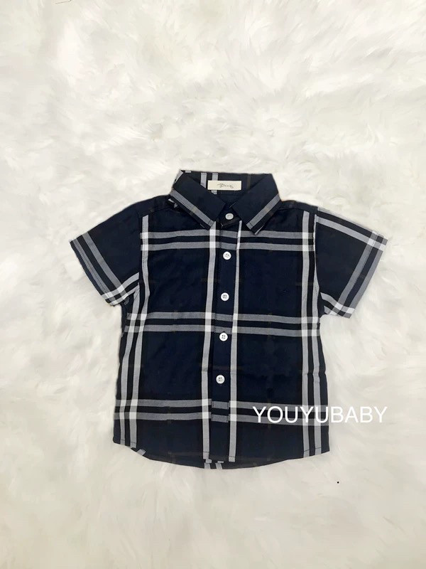 儿童男孩英伦风格子短袖衬衫蓝色纯棉翻领夏季欧美上衣