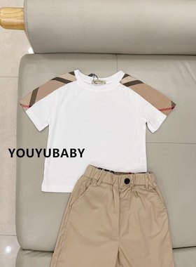 贝妮祺儿童男孩宝英伦风格子白色黑色圆领短袖T恤纯棉夏季新款装