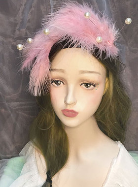小香风粉色天鹅羽毛女童走秀发夹