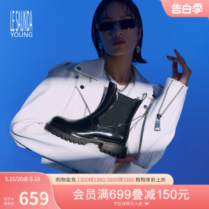 莱尔斯丹春季新款LSY时尚圆头黑色粗跟短靴子女鞋3T59801