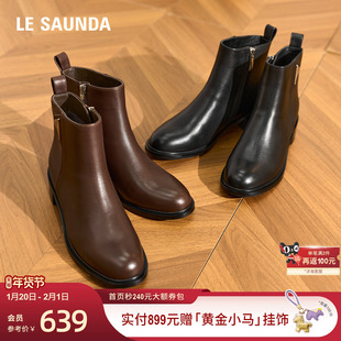 莱尔斯丹冬新款粗跟时尚复古黑色百搭真皮通勤短靴子女鞋6T42701