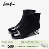 拉链黑色真皮粗跟短靴子女鞋 时尚 37802 新款 恋尚萝莎冬商场同款